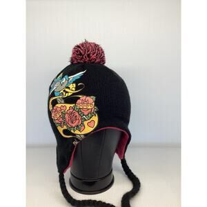 Black Toboggan Hat With Braided Ties Women’s LA Ink